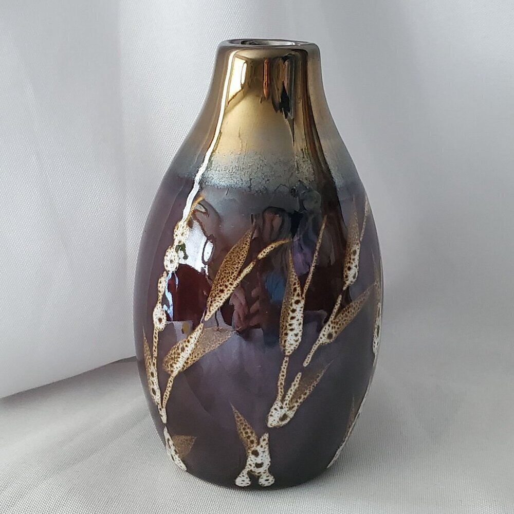 VTG Ceramic 5" Vase With Metallic Finish Brown with Wheat Design Bud Vase - Picture 9 of 12